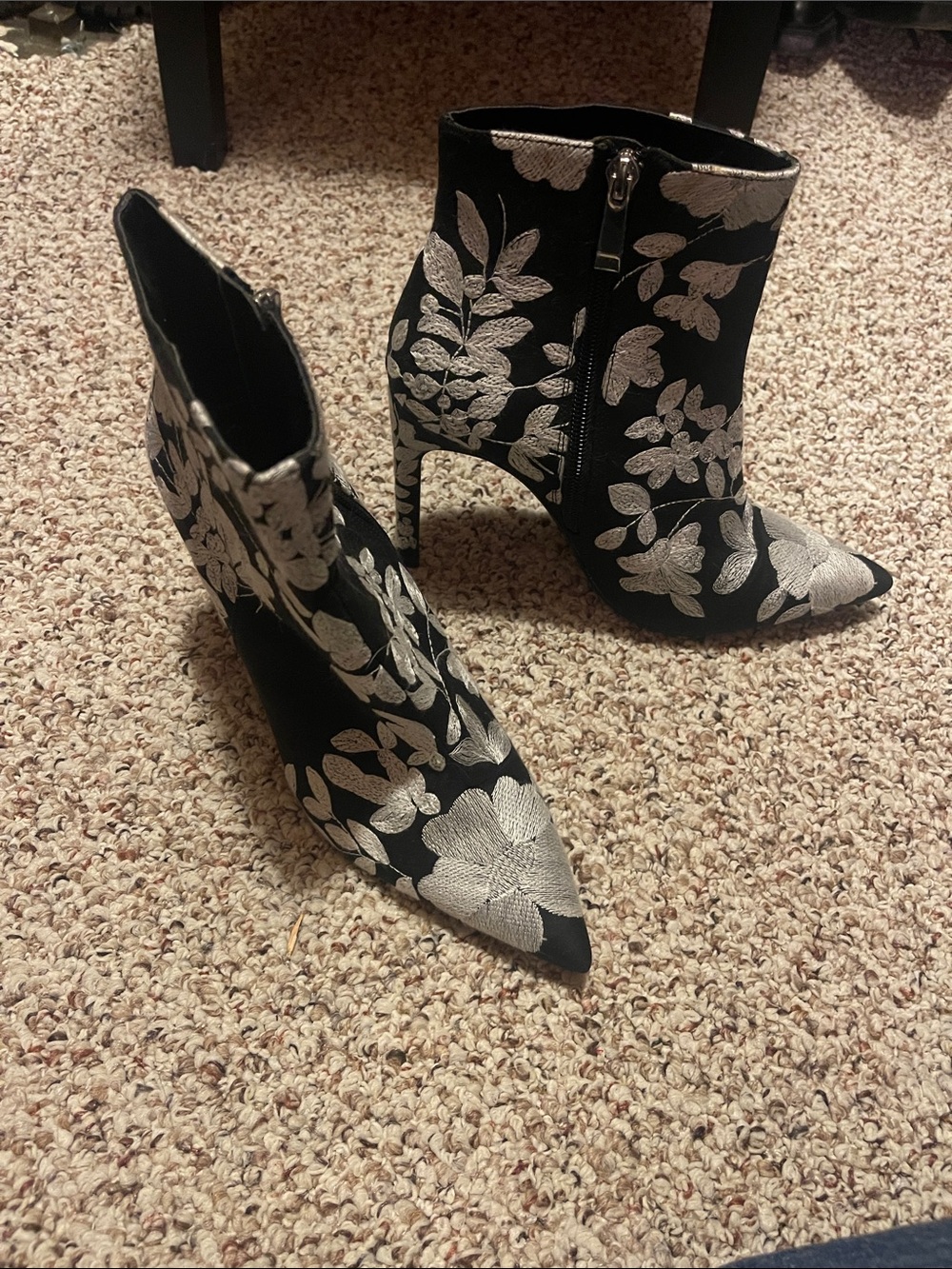 Zara Black Ankle Boots with Silver Floral Embroidery